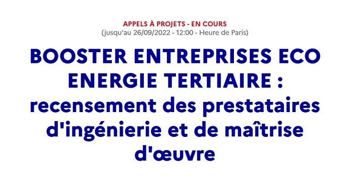 Appel à candidatures « BOOSTER ECO ENERGIE ENTREPRISES » de l'ADEME